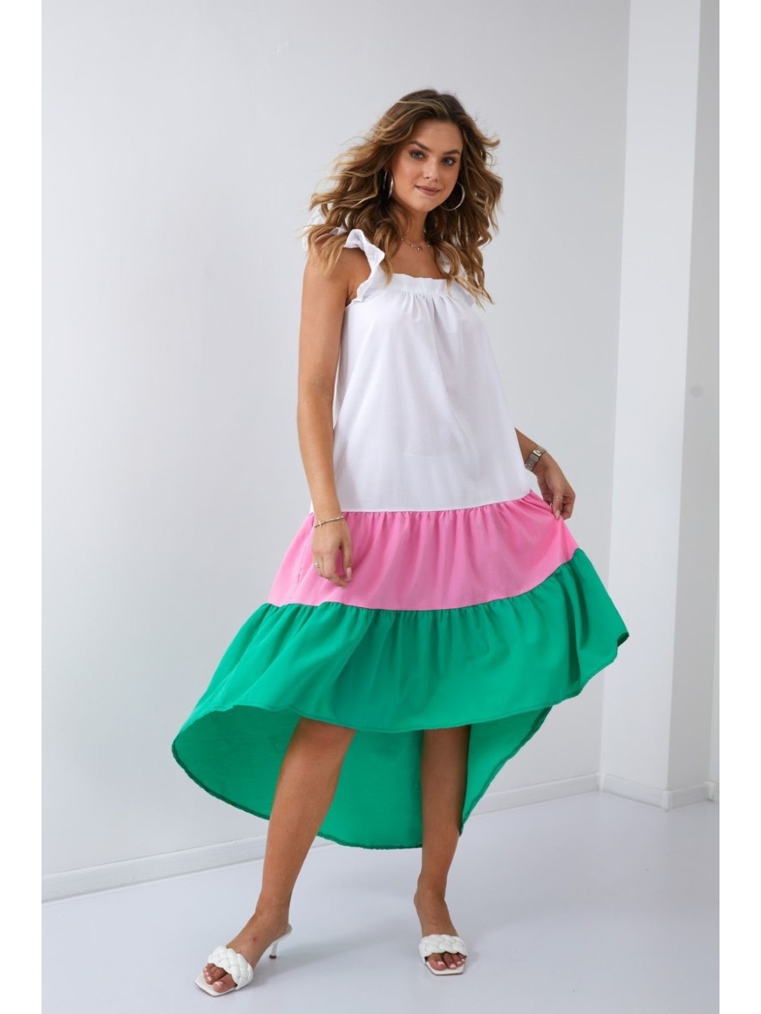 Asymmetric pink and green dress FG648